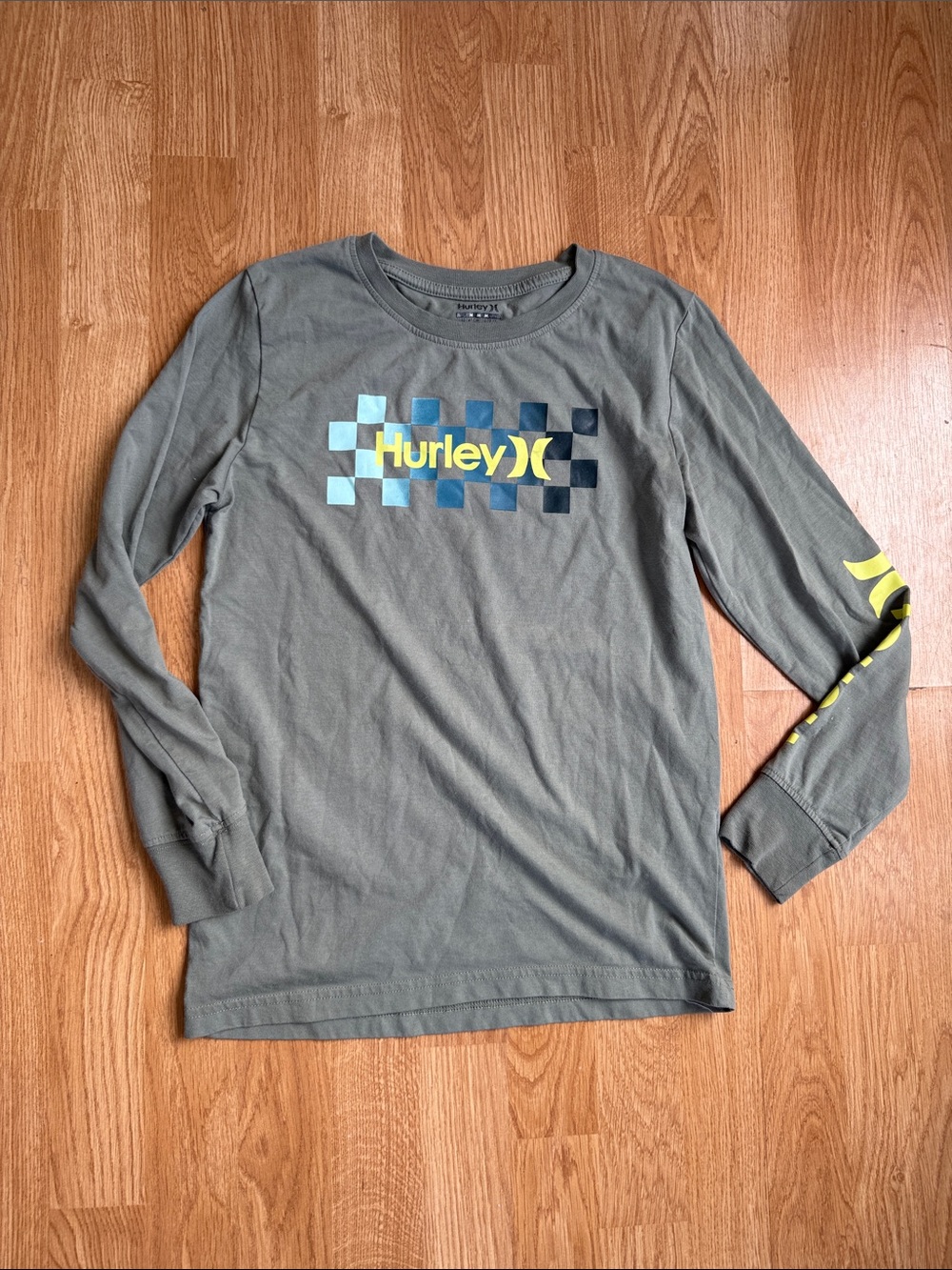 Hurley Olive Green Long Sleeve Tee with Yellow & Blue Checker Logo